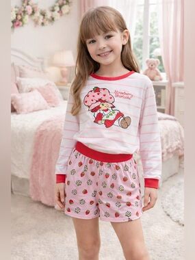 Strawberry Shortcake Pajama Set Girls Pink Cute Sleepwear 2 Piece